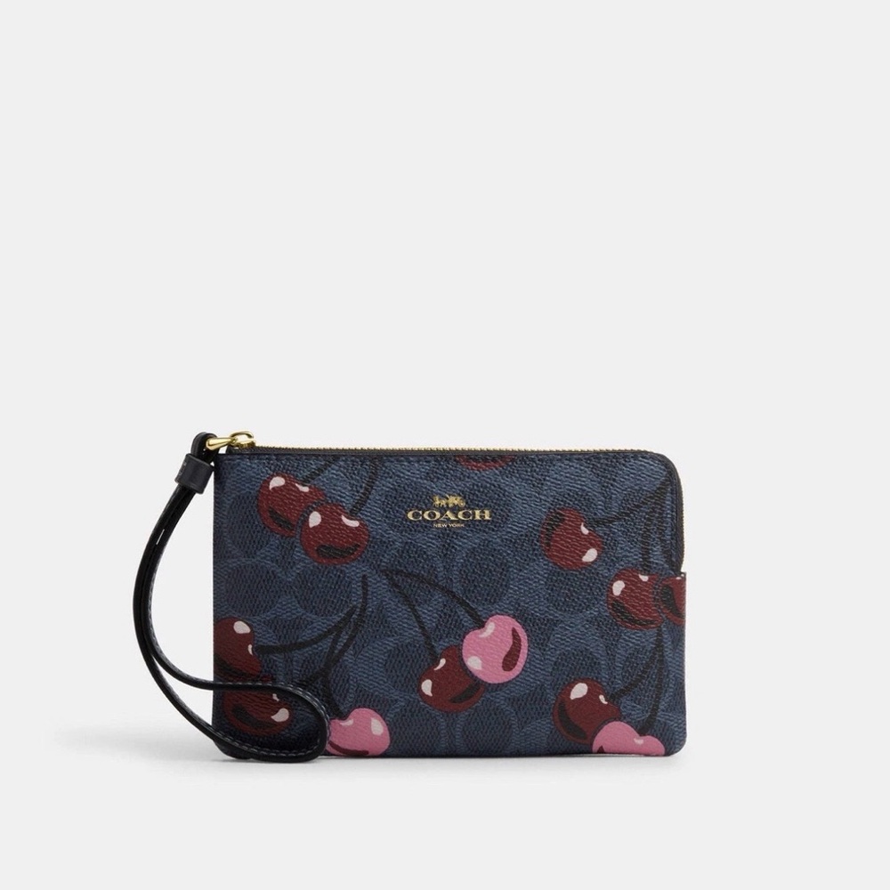 Coach Navy Cherry Print Corner Zip Wristlet in Signature Canvas